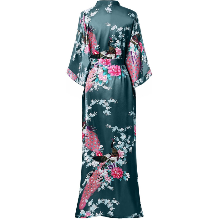 Халат жіночий BABEYOND з довгим рукавом, шовковий сатин, кімоно з принтом павича, довгий халат, піжама для вечірки, універсальний розмір, білий (універсальний розмір, чорно-синій)