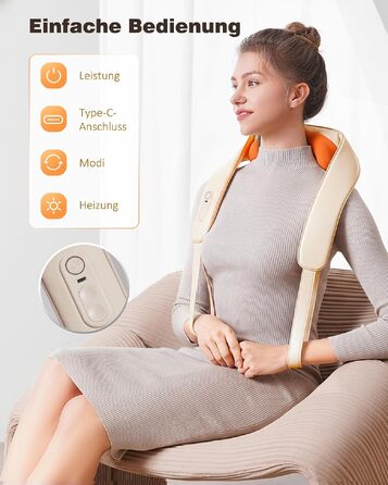 Бездротовий масажер для шиї та плечей KNQZE Shiatsu 4D з функцією підігріву, бежевий