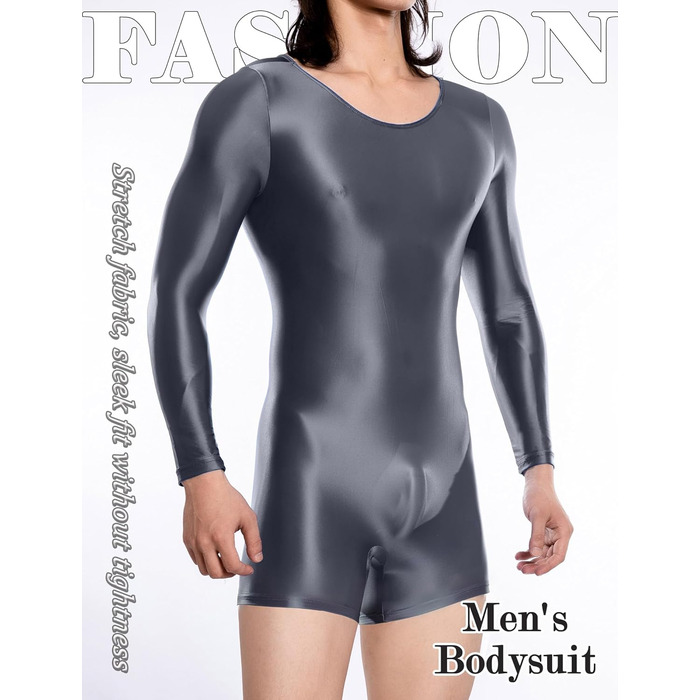 Чоловічий боді з довгими рукавами AIEOE, блискучий, з еластичної тканини, сірий, розмір M