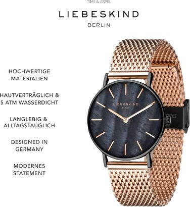 Жіночий годинник Liebeskind Berlin: круглий кварцовий, 34мм, міланський ремінець, водонепроникність 5ATM, колір рожеве золото-чорний, перламутр