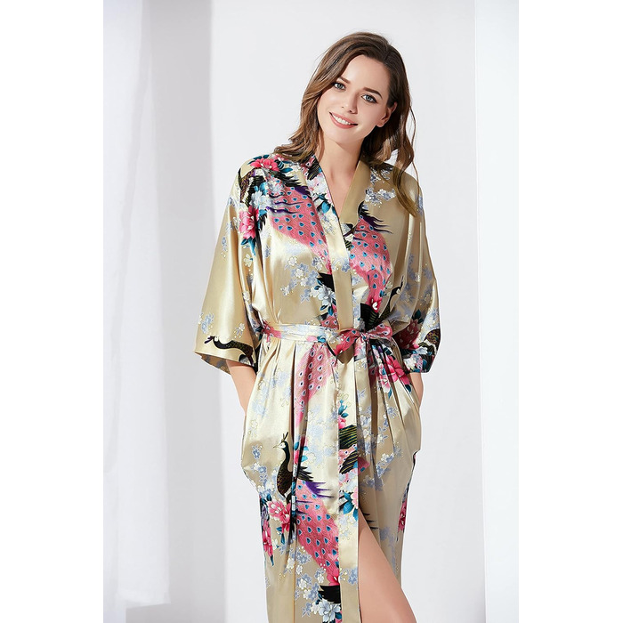 Халат жіночий BABEYOND з принтом павича, довгий, шовковий сатин, кімоно, для дому та відпочинку