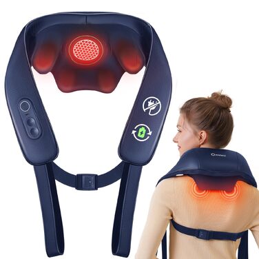 Бездротовий масажер для шиї та плечей KNQZE Shiatsu 4D з функцією підігріву, синій