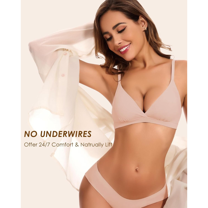 Трикутник бюстгальтер WOWENY без кісточок, бралетт, безшовний, з м'якими чашечками, для топу, бюстгальтер V-подібного вирізу, з подовжувачем, бежевий, розмір S