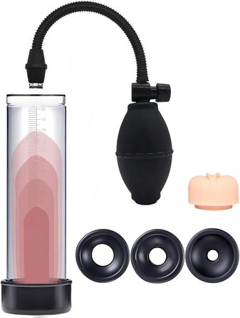 Ручний пеніс-насос з силіконовою іграшкою та 3 насадка-чохлами. Манометр та шкала. Для збільшення та ерекції. Для чоловіків.