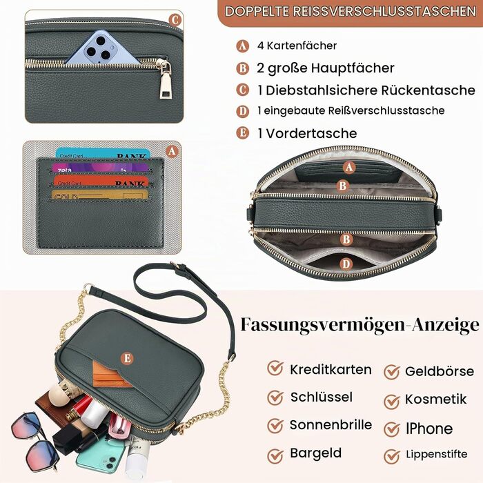Жіноча сумка-кросбоді TEUEN з екошкіри: маленька елегантна сумка через плече з двома знімними ременями (широким та ланцюжком) та 4 відділеннями для карток, Зелена