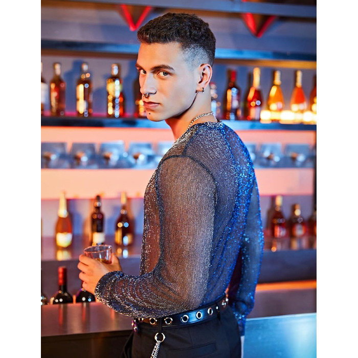 Прозора футболка-сітка Casey Herren з довгим рукавом, мереживна сорочка, мерехтливі сорочки, клубний стиль, A2-блакитний