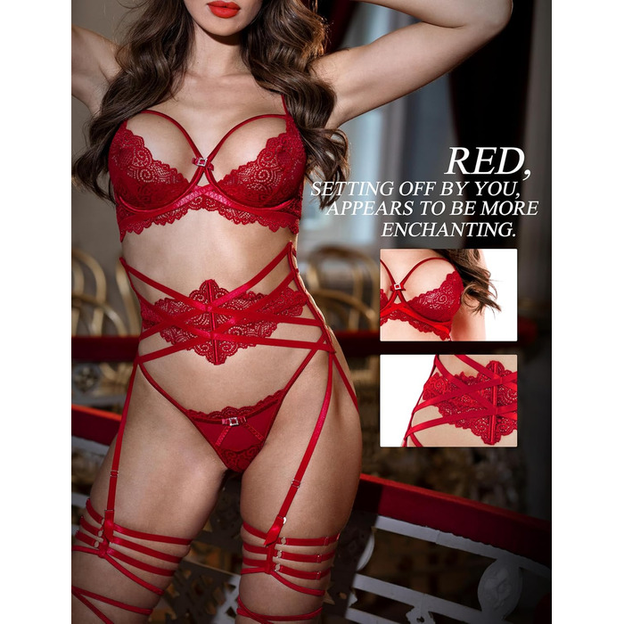 Сексуальний жіночий комплект спідньої білизни з мережива: бюстгальтер та труси з поясом (вишневий, 85C)
