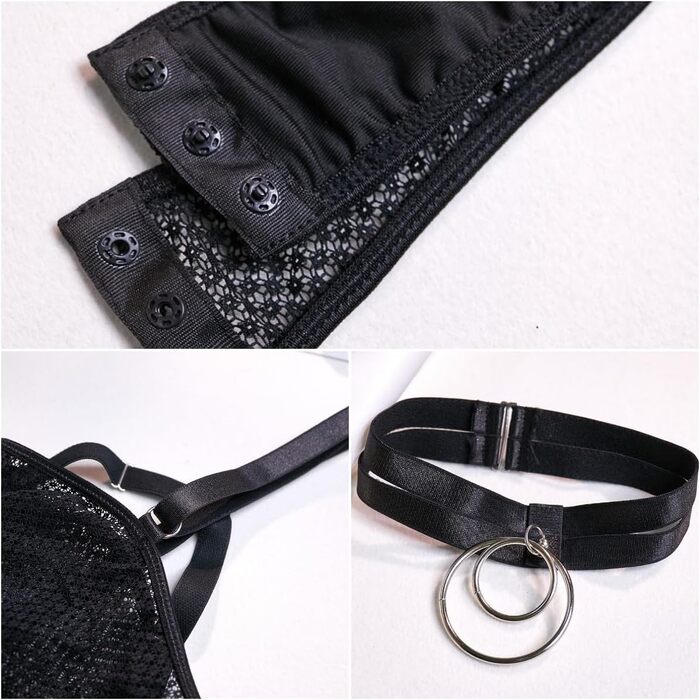 Комплект білизни SINROYEE: Боді-боди з мереживом та шкіряними вставками, пуш-ап бюстгальтер, чорний (S)