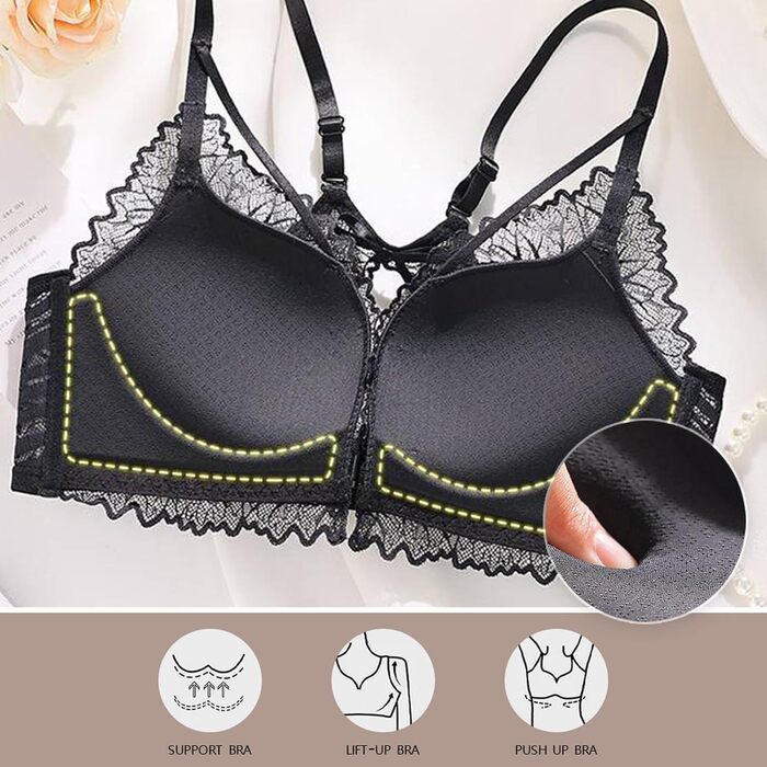 Жіноча спідня білизна MOONBADI BH та труси комплект, чорний, великі розміри 36/80B, мереживо, без кісточок, передня застібка