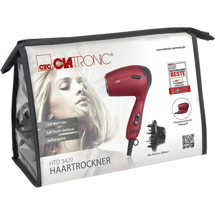 Складаний дорожній фен Clatronic HTD 3429, 1200 Вт, 2 режими температури, з дифузором та сумкою, перемикач напруги 110/230В, червоний