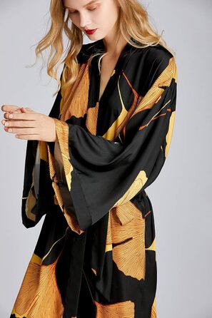 Жіночий халат-кімоно з довгим рукавом з атласу, принт листя гінкго, для нареченої/свідки, універсальний розмір, чорний