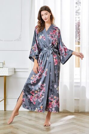 Халат жіночий довгий з атласу, квітковий принт, Babeyond. Ідеальний для дому, відпочинку, вечірок. Розмір універсальний, сірий колір.