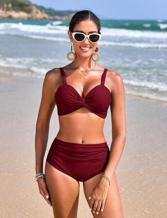 БІКІНІ ЖІНОЧИЙ ДВОШТУЧНИЙ З ВИСОКОЮ ТАЛІЄЮ, ПУШ-АП, З V-ПОДІБНИМ ВИГІНОМ, БУРГУНДІ, M