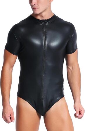 Чоловічий комбінезон з лакованої шкіри, мокрий ефект, шкіряна білизна, боді, відкриті труси, трикотажний боді, чорний, клубний одяг, XXL