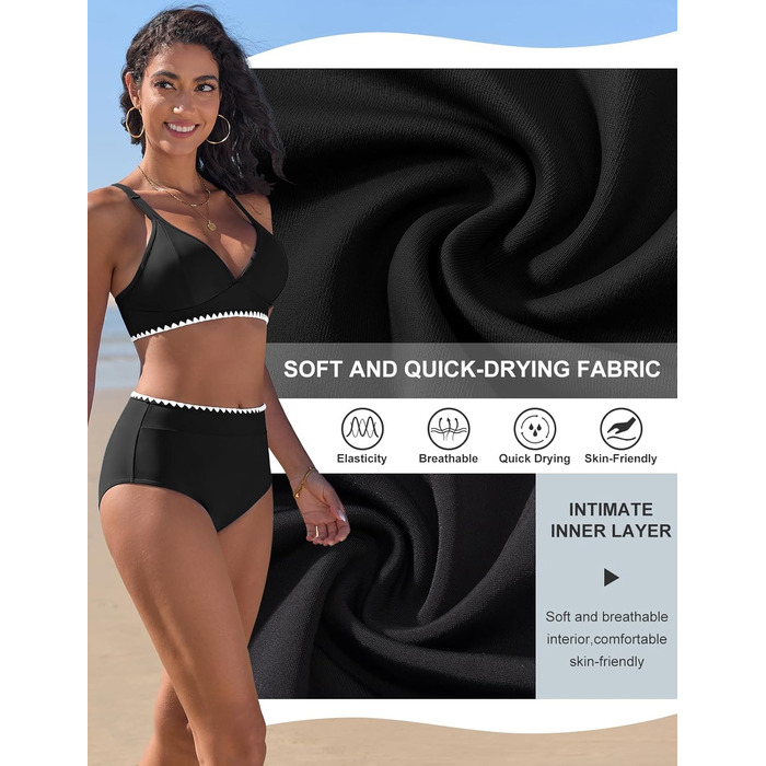 Бікіні жіночий комплект з V-подібним вирізом, двочастинний, з пуш-ап, висока талія, купальник сексуальний з білою мереживом, чорний, розмір S