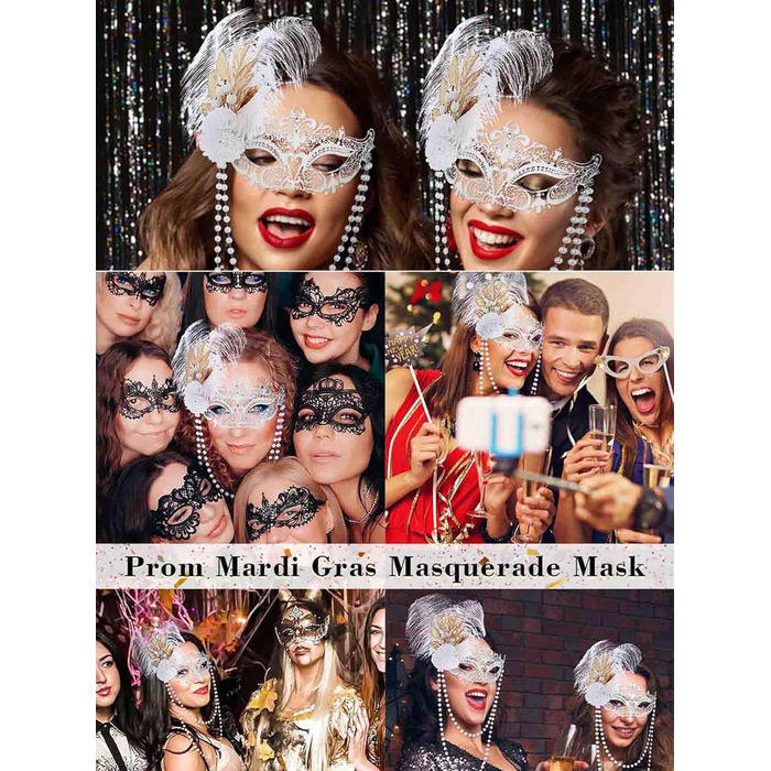 Маска для жінок IYOU, біла, з пір'ям та перловим намистом, для карнавалу, вечірки, балу