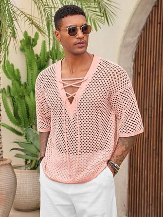 Чоловіча пляжна сорочка Runcati з шнурівкою, V-подібний виріз, в'язана, мереживна, прозора, літня сорочка (Рожева, L)