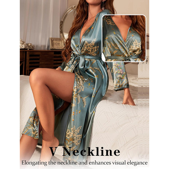 Халат жіночий шовковий сатиновий FEOYA, халат для дому, вечірній, весільний, зелений, розмір L