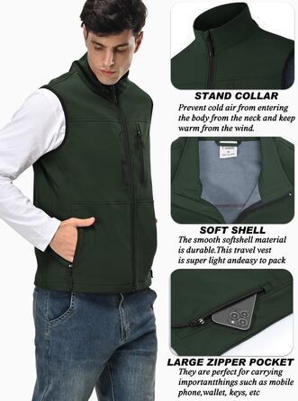 Чоловічий легкий жилет Softshell з флісовим підкладом, спортивний жилет-бодівормер для бігу, походів та роботи, колір зелений (3XL)