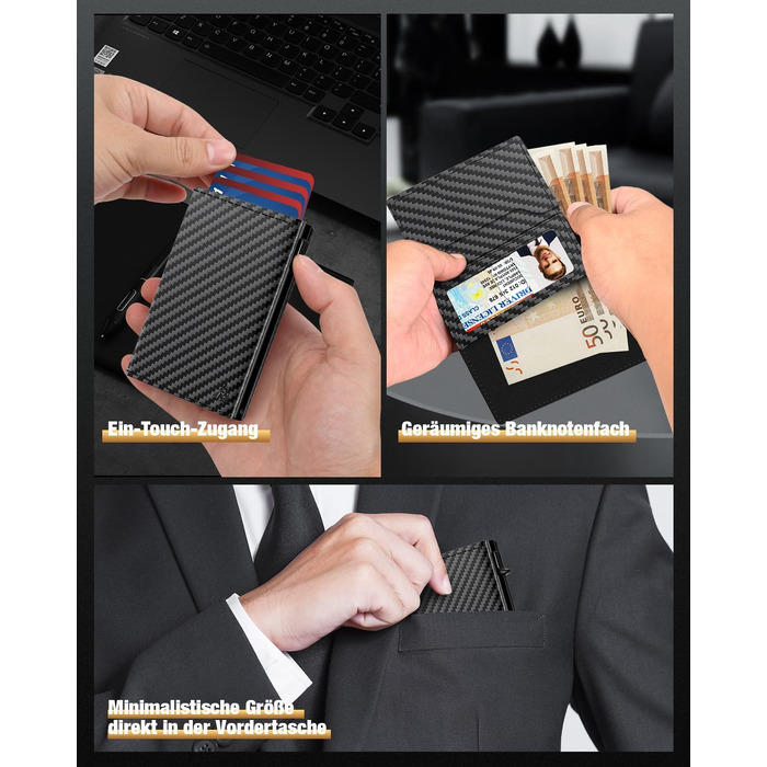 Чоловічий шкіряний картхолдер dwnkove Slim Wallet: смарт-гаманець з Pop-Up механізмом, RFID захистом, відділенням для монет та вікном для ID, Carbon Design
