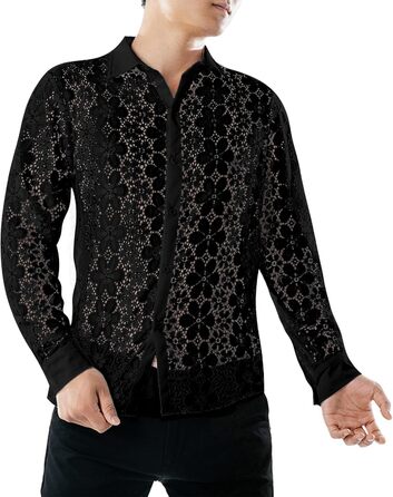 Чоловіча прозора сорочка з квітковим принтом Crongless, мереживо, застібка на ґудзики, довгі рукави, повсякденна сорочка для вечірок (XXL, чорний)