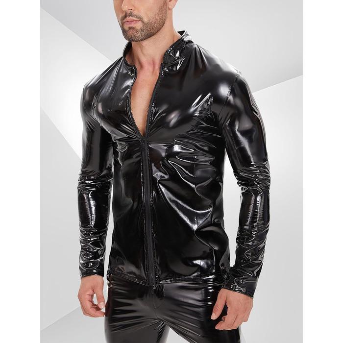 Чоловіча куртка з латексу/штучної шкіри Ausing: сексуальний мокрий ефект, slim fit, з блискавкою, для вечірок, танців, рейв, чорний, XL