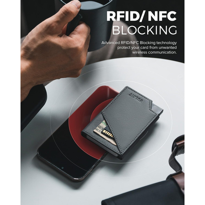 VULKIT Сліманий металевий картхолдер з RFID-захистом та Pop-up механізмом, гаманець з відділенням для купюр та монет, сірий