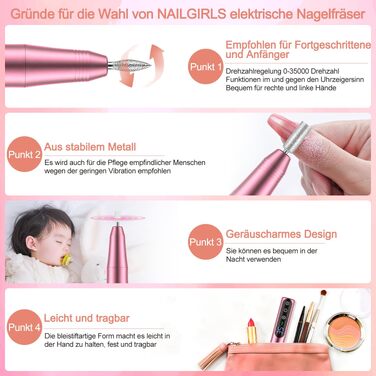 Професійний бездротовий апарат для манікюру та педикюру NAILGIRLS 35000 об/хв, електрична пилка для нігтів, гель-лаків та акрилу, набір 11 в 1, рожевий