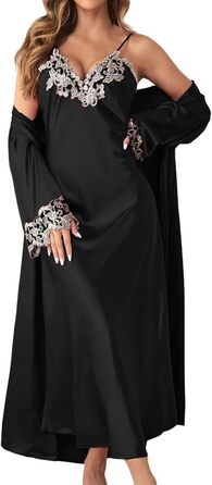 MILAX Комплект жіночої ніжної піжами з мереживом: нічна сорочка, халат, babydoll, кімоно (Чорний, L)