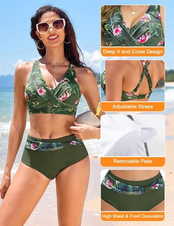 БІКІНІ Nadeer для жінок: сексуальний V-подібний виріз, push-up, двокомпонентний купальник, перехресний дизайн, висока талія, пляжний аксесуар, рожево-зелений колір (M)