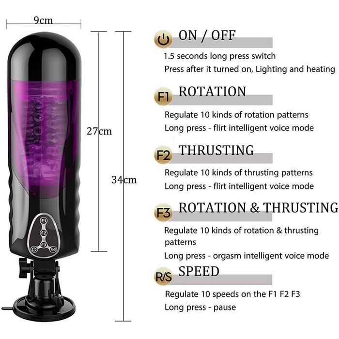 Автоматичний мастурбатор для чоловіків з 10 режимами ротації та телескопічною конструкцією, нагрівання