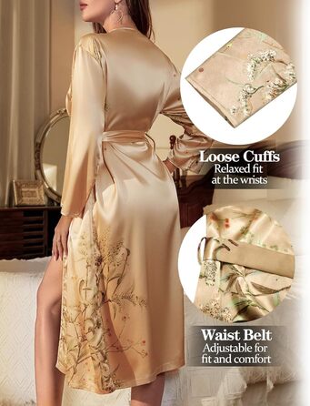 Жіночий халат FEOYA з шовковистого атласу, легкий, довгий, з V-подібним вирізом, жовтий. Ідеальний для вечірки, весілля, дому та сну.