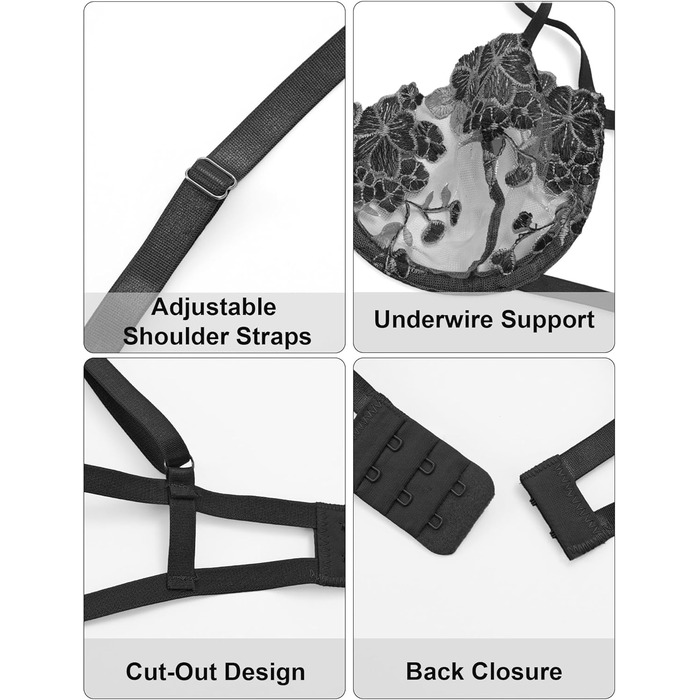 Сексуальна жіноча білизна Maeau: комплект бюстгальтера та танга з мереживом, мережаний прозорий трусики, пуш-ап, чорний, S-XL