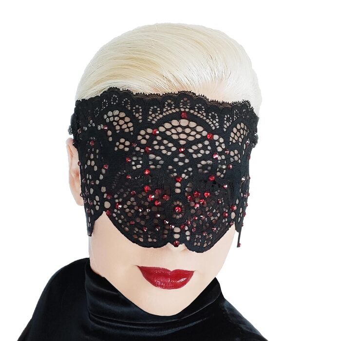 Чорна мереживна маска для жінок з чорними стразами, елегантна маска на половину обличчя, маска для маскараду та карнавалу, мереживна маска для вечірки з гумкою (Чорний (червоні стрази))