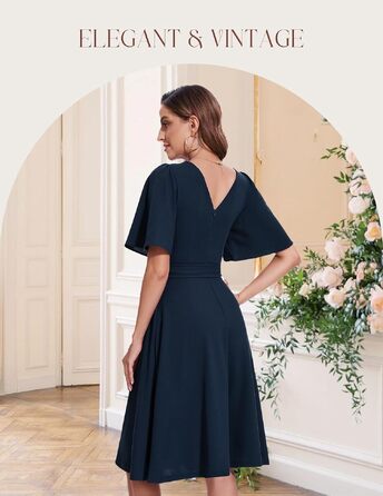 Елегантна коктейльна сукня Bbonlinedress міді з коротким рукавом та поясом, святкова сукня для вечірок та весіль, темно-синя (Navy), L