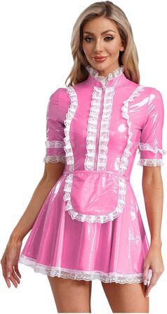 Костюм покоївки Agoky для жінок: міні-сукня з лакованої шкіри, мереживна спідничка, еротична білизна, клубний наряд (3XL, Рожевий)