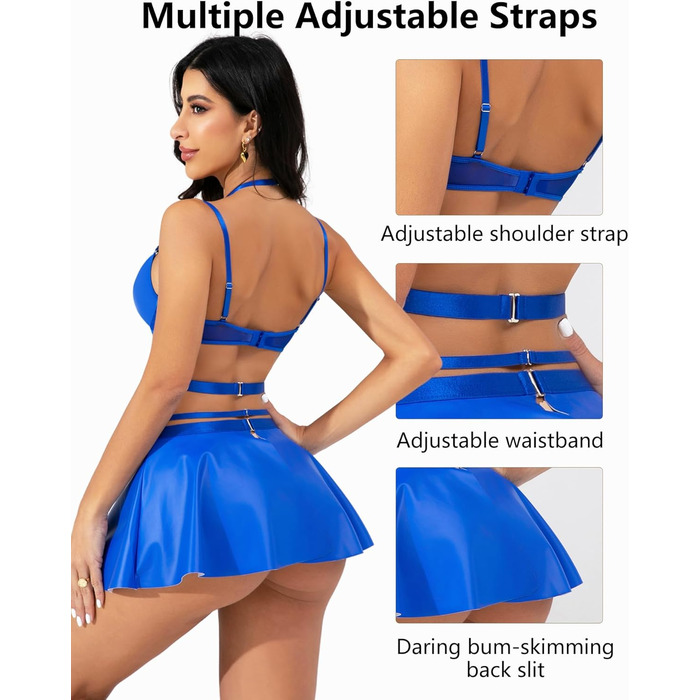 Костюм Evelife Daen з еластичної шкіри: бюстгальтер push-up, сукня-корсет, аксесуари. Елегантний сет для вечірок та клубів. Розмір L, колір кобальтовий блакитний.