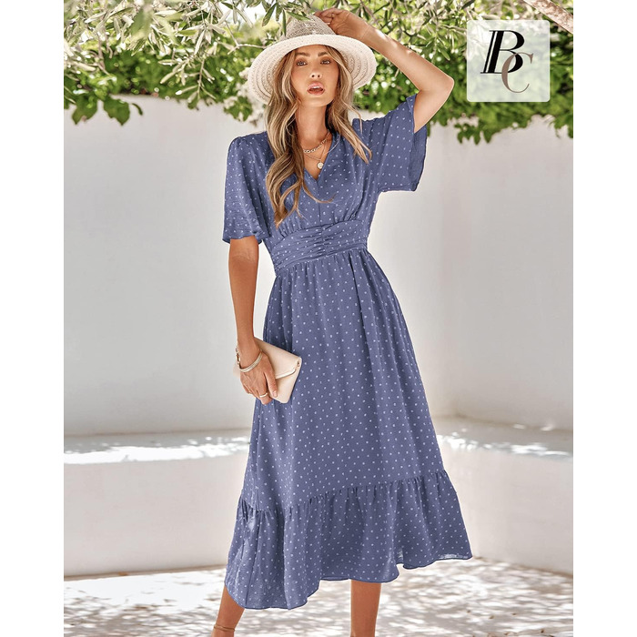 Сукня літня жіноча BebreezChic Boho-шик довга з V-поглибленням, висока талія, швейцарська сітка, квітковий принт, пляжна максі-сукня (XL, блакитно-фіолетова)