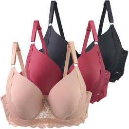 3 шт. комплект бюстгальтерів XCXC для жінок з кісточками, великі розміри 85-115 B/C, Push-Up мереживний бюстгальтер з регульованими бретелями, легкий, дихаючий, комфортний, для щоденного використання та відпочинку (Бежевий+Бордовий+Чорний)