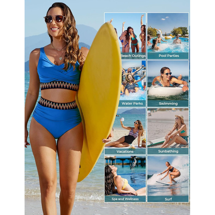 БІКІНІ Дамський Набір з Високою Талією, Бандо, Роздільний, Сексуальний V-Подібний Виріз, Пуш-Ап, Кольоровий Полосатий, Пляжний, Великі Розміри (Темно-синій, XL)