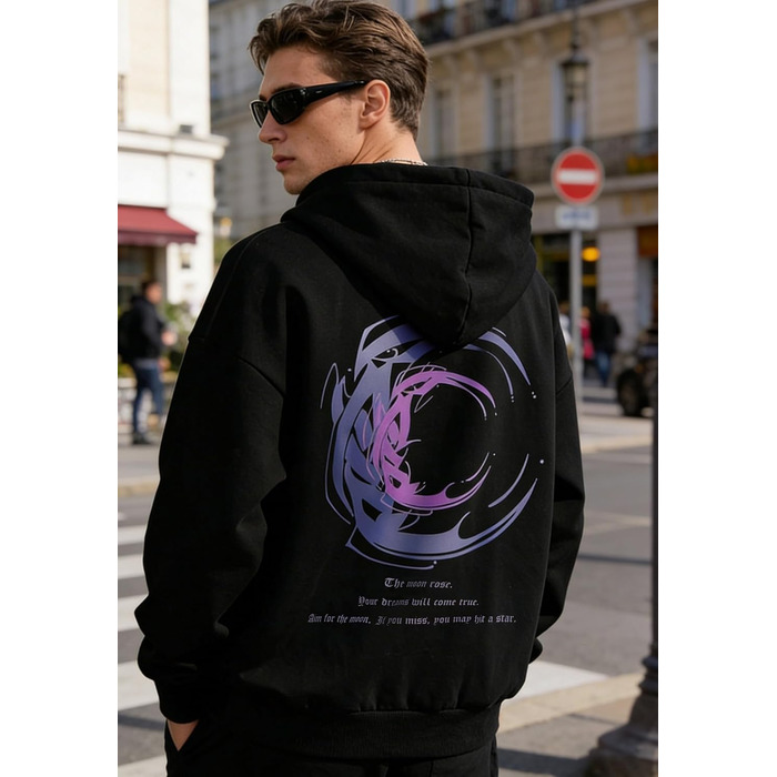 Чоловічий худі з принтом, бавовняний світшот з капюшоном та кишенями, чорний, розмір L