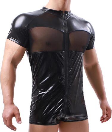 Чоловічий боді QiaTi з короткими шортами, блискавкою та штучною шкірою, з двома кишенями, чорний (M)