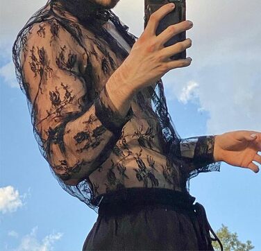 Чоловіча прозора сорочка Detten: мереживна футболка з довгим рукавом, сексуальна клубна сорочка, чорний колір, універсальний розмір (L)