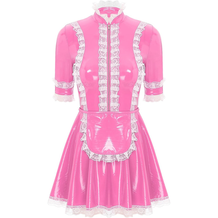 Костюм покоївки Agoky для жінок: міні-сукня з лакованої шкіри, мереживна спідничка, еротична білизна, клубний наряд (3XL, Рожевий)