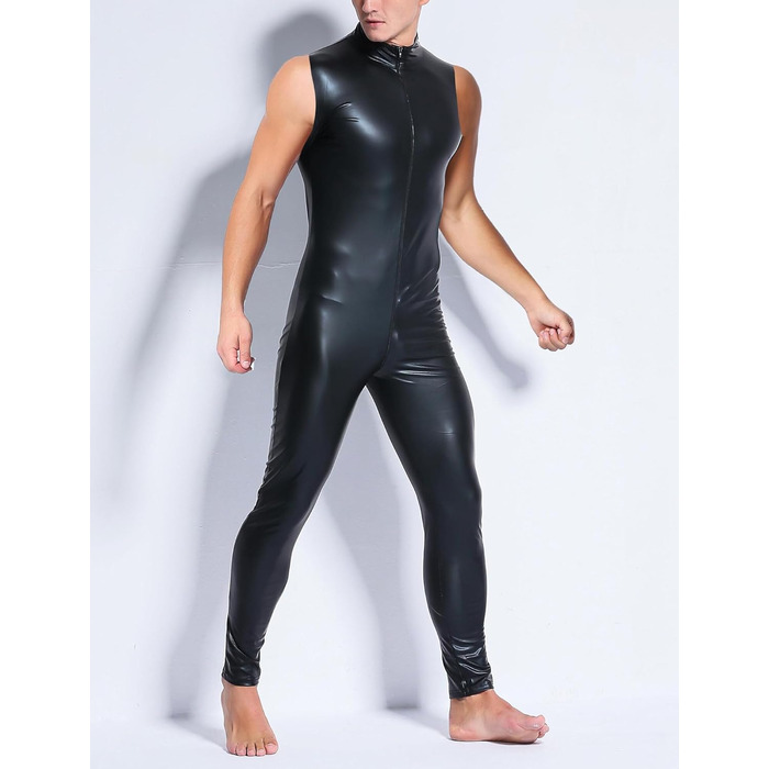 Комбінезон чоловічий лакований шкірозамінник PVC з довгим замком, сексуальний, облягаючий, чорний, розмір L