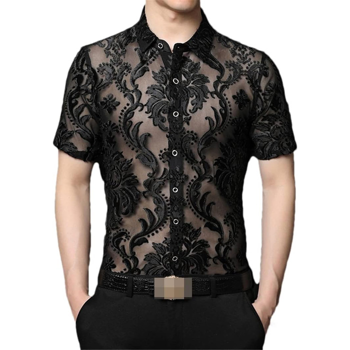 Прозора сорочка для чоловіків Bollrllr з мереживом, 2XL | Сорочка з прозорим мереживом для вечірок