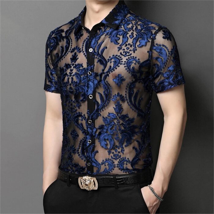 Чоловіча сорочка Sawmew, сітка, прозора, коротка, для клубів, мереживна, блакитна S