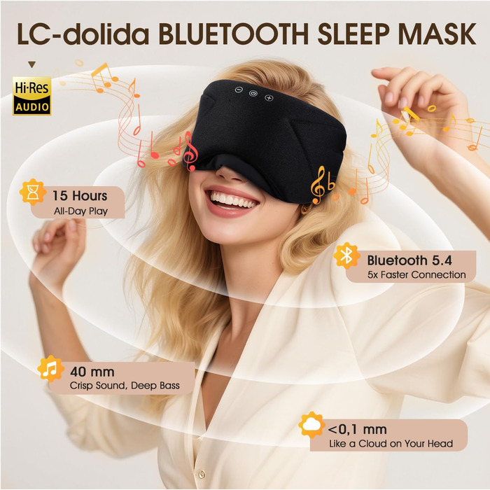 Bluetooth маска для сну з навушниками LC-dolida, повна блокування світла (Blackout), м'яка, чорна