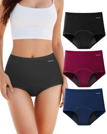 Труси для критичних днів TANSTC з сильною поглинанням, бавовна, для жінок та дівчат, висока талія, 3 шт. (Темно-синій + Чорний + Бордовий, XL)