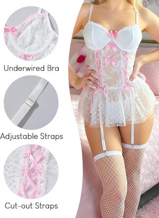 Комплект жіночої білизни FEOYA: мереживний боді, корсет, трусики, панчохи - білий, розмір M